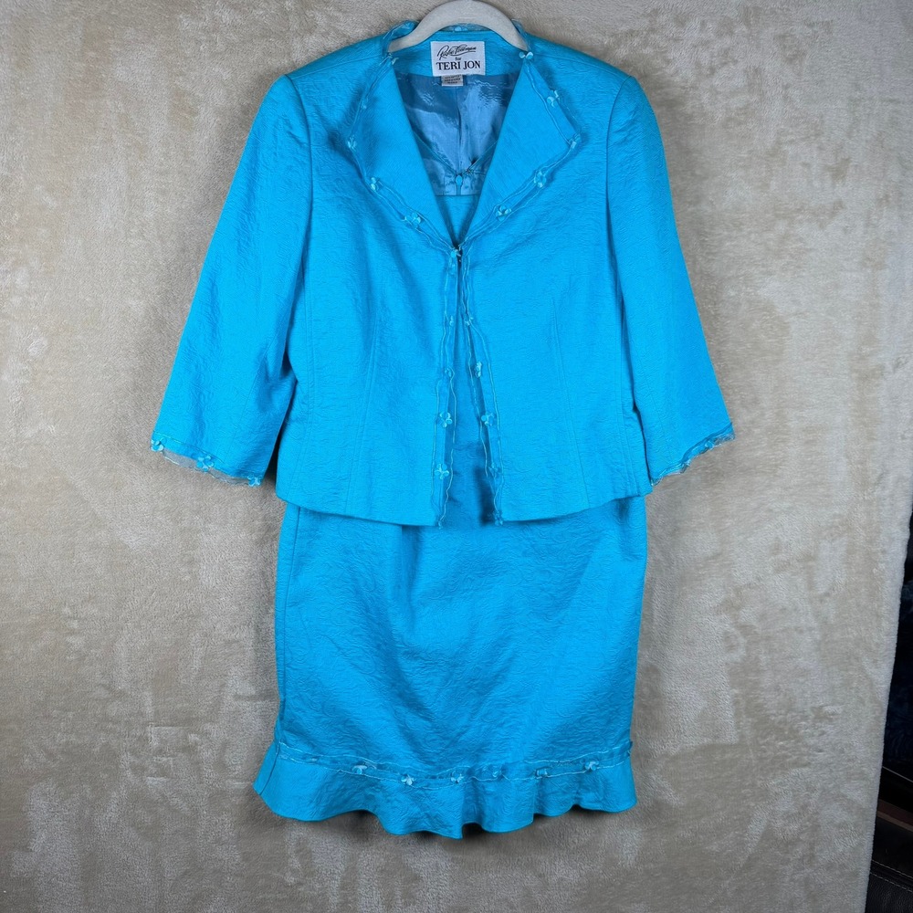 Rickie Freeman Teri Jon Turquoise Blue Cotton Jacquard Skirt Suit Set Dress 2pc